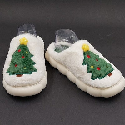 Christmas Tree Flat Thermal Plush Slippers White Faux Fur Green Insole Size 9-10