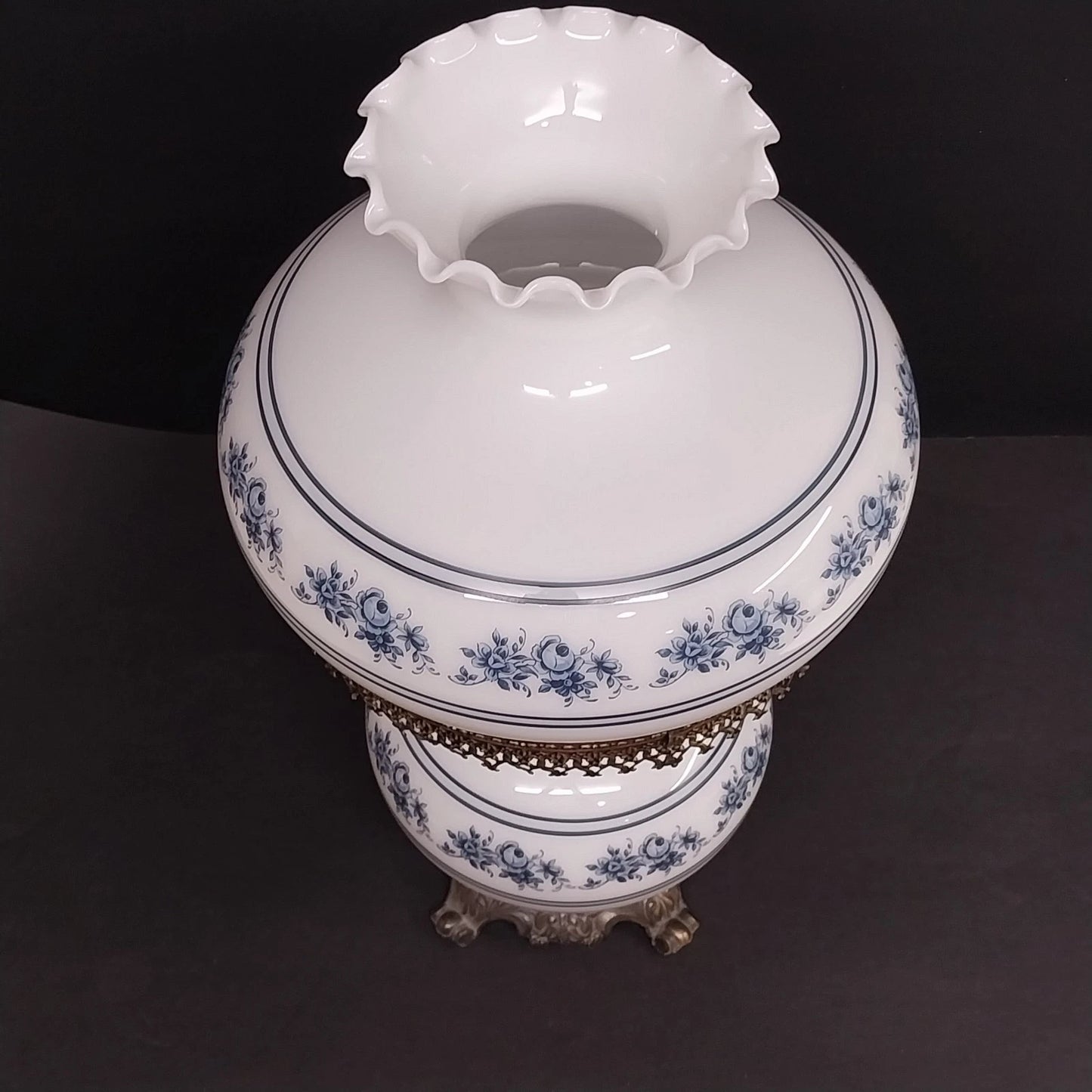White Blue Floral Milk Glass Hurricane Lamp 22.5" 3-Way Light & Night Light Vtg