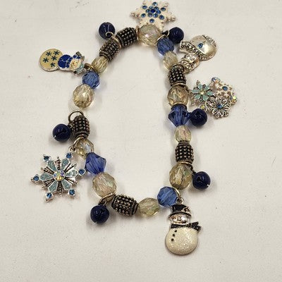 Kenneth Cole Silver Tone Blue White Snowman Christmas Winter Charm Bracelet