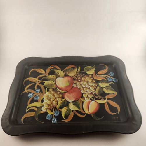 Metal Bed Lap TV Tray w Folding Legs Vintage Fruit Serving Apples Grapes Kitsch