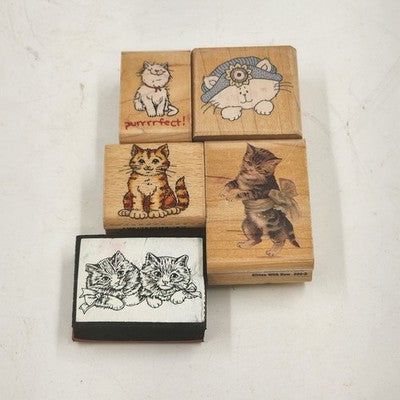 5 Wood Rubber Stamps Cats Theme Kitten w Bow Purrrfect Peeking Sabrina