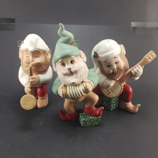 Set of 3 Ceramic Elf Gnome Musician Figurines Christmas Guitar Horn Accordion