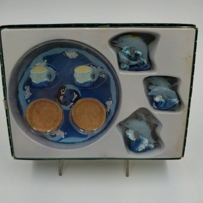 Ranger Polyresin Miniature Tea Set Dolphins & Sea w/ Box Collectible Decor