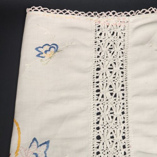 White Table Runner Embroidered Butterflies and Crochet Lace Edging Vintage 40"