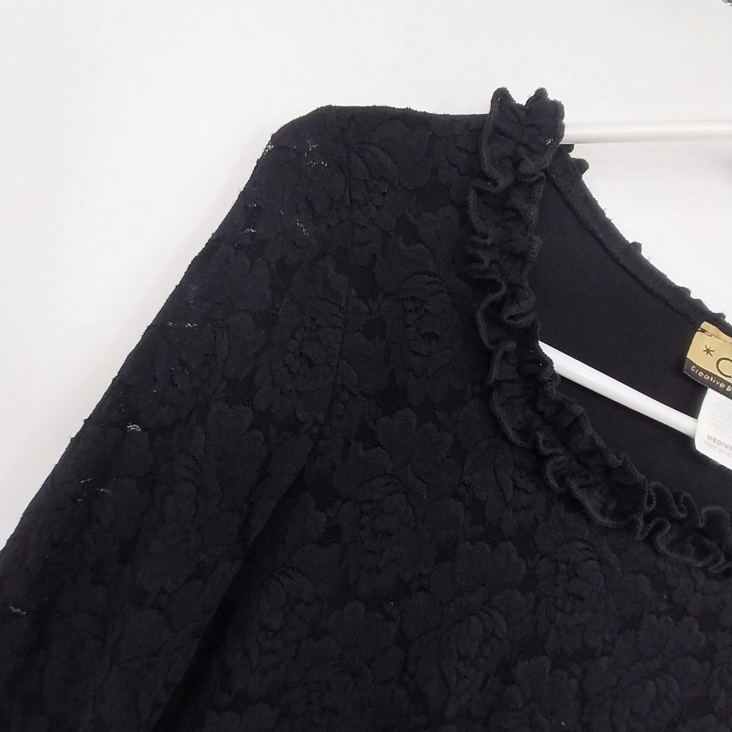 CDW Black Floral Rose Top Women Medium Lace Ruffle Neck Cuffs Long Sleeve USA