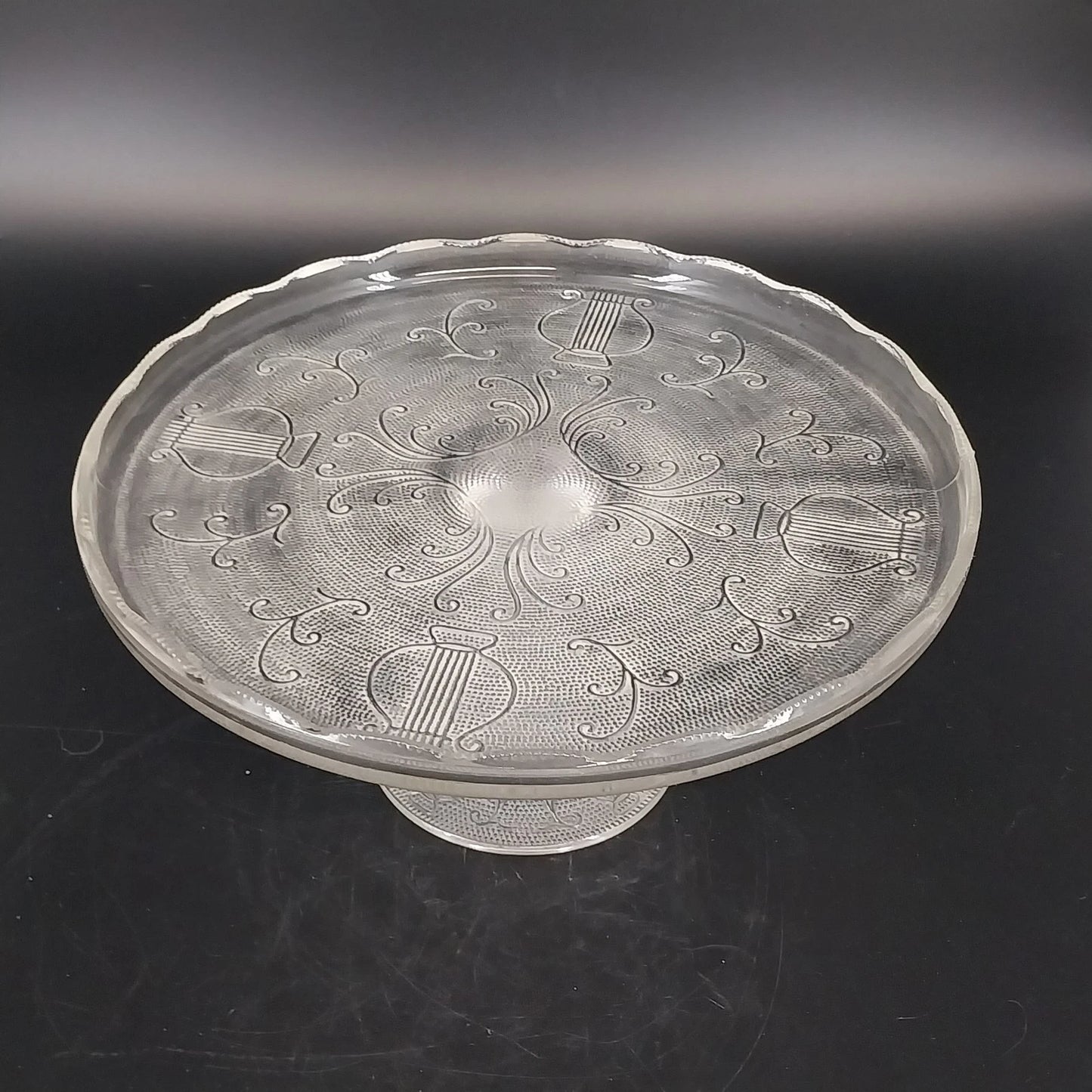 Vintage Jeannette Glass Pedestal Cake Stand Harp Pattern Clear
