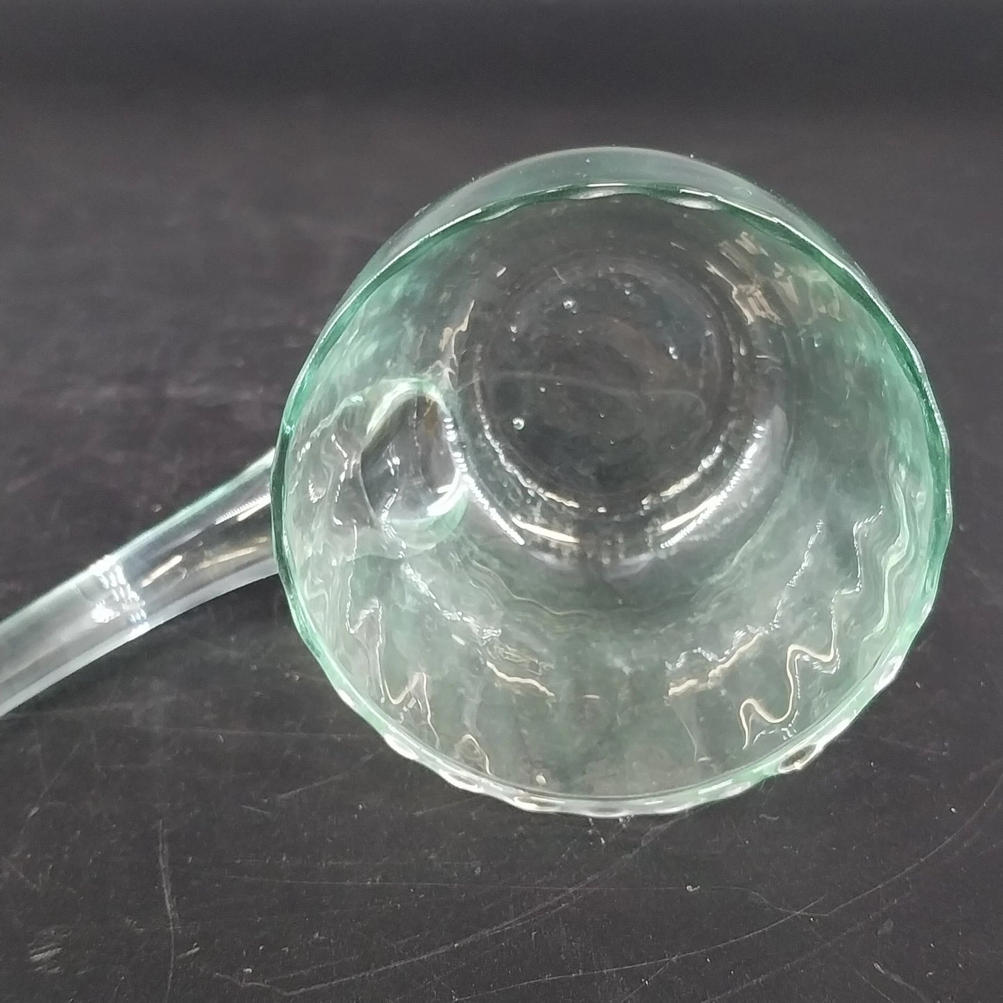 Hand Blown Glass Punch Bowl Ladle Green Tint Curved Handle 9in Large Dipper Vtg