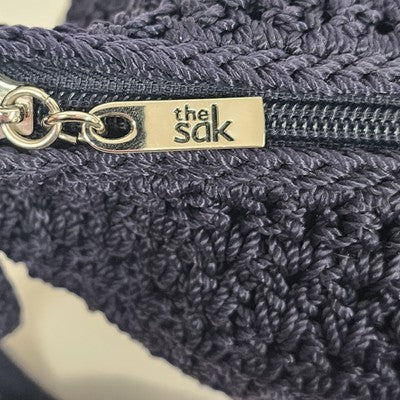 The Sak Navy Blue Striped Crocheted Boho Shoulder Hand Bag Purse Zipper 10"x13"