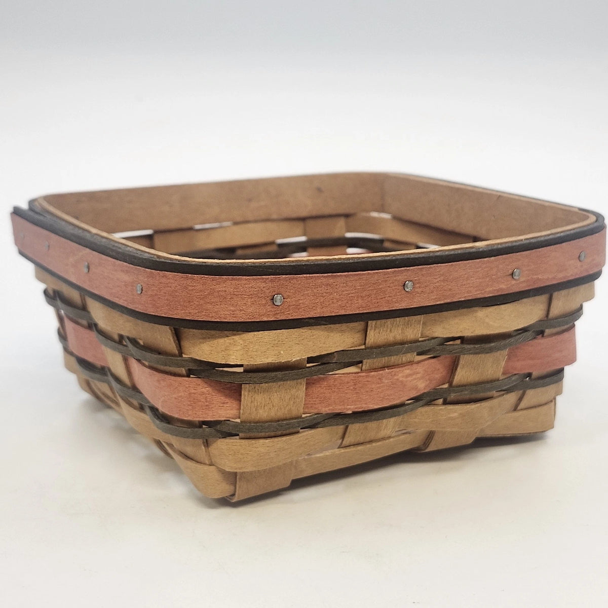 Longaberger Handwoven Natural Wood Basket Red Accent 6.75" Sq Dresden OH 2009
