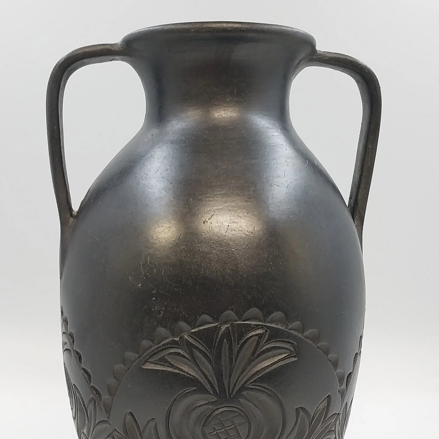 Black Pottery Vase Incised Floral Double Handle Amphora Urn 14" Unmarked