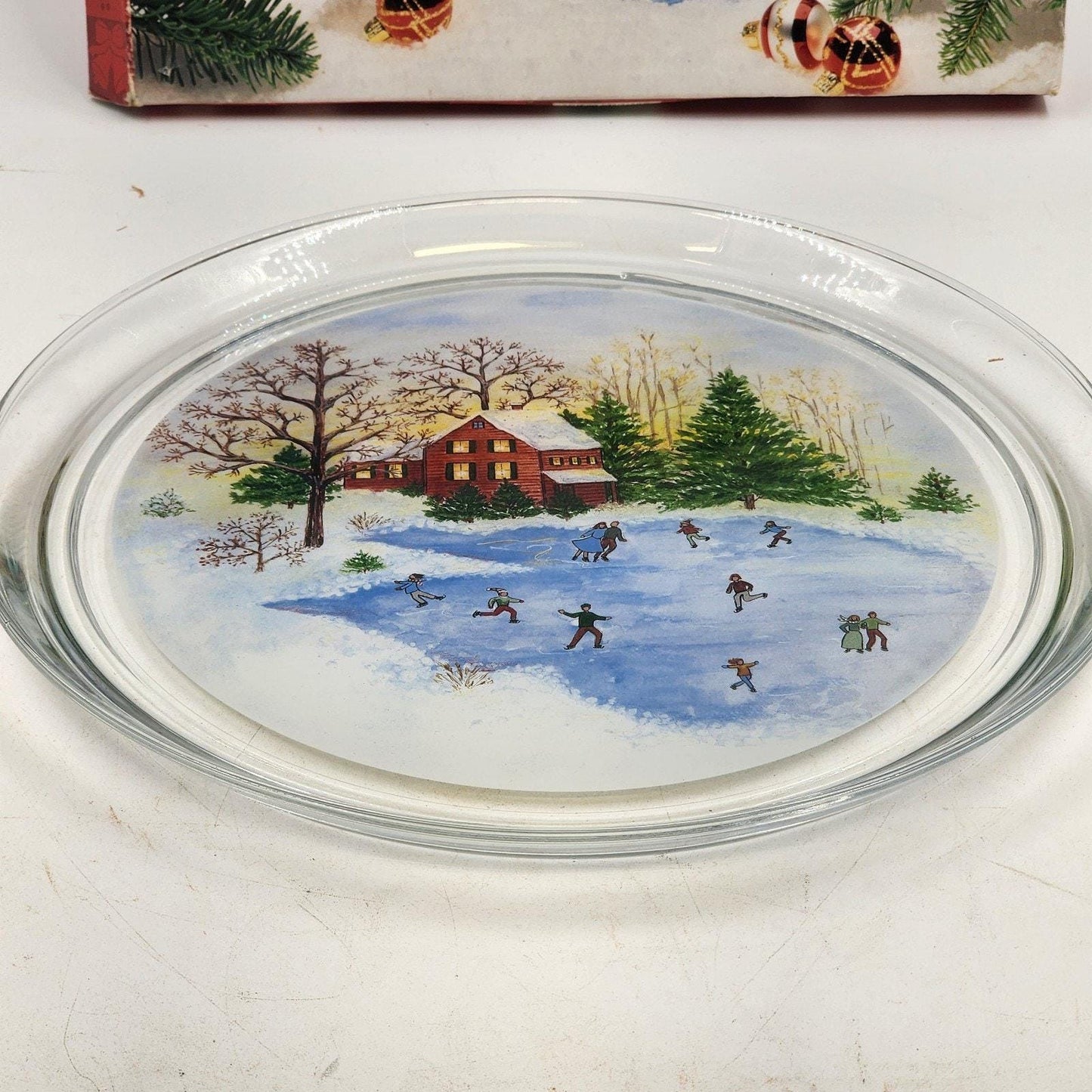 Clear Winter Platter Indiana Glass Lancaster 13"x1'' Christmas Skating Scene