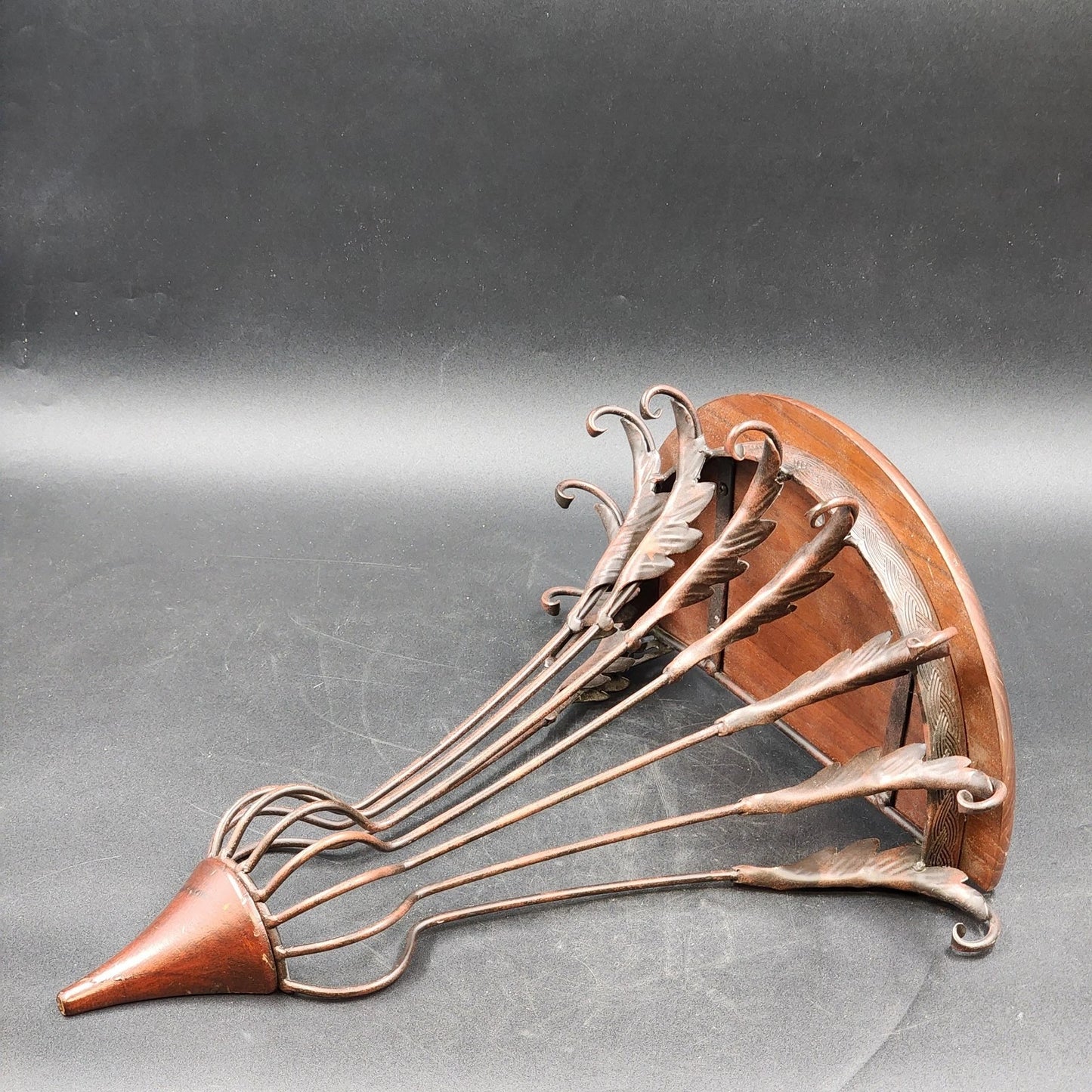 Half-Round Floating Wall Shelf Dark Wood Top Ornamental Metal Support 16.5"