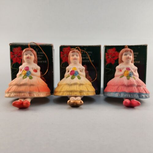Three Young Girl Porcelain Bell Christmas Ornaments w Hanging Leg Chimes
