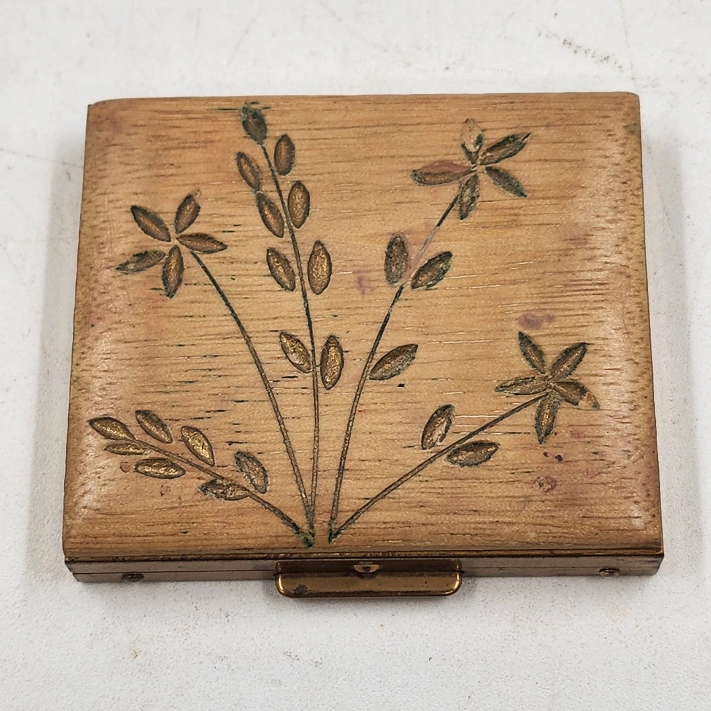 Make-Up Compact Carved Wooden Top Brass Powder Case Mirror Floral 1960's MCM