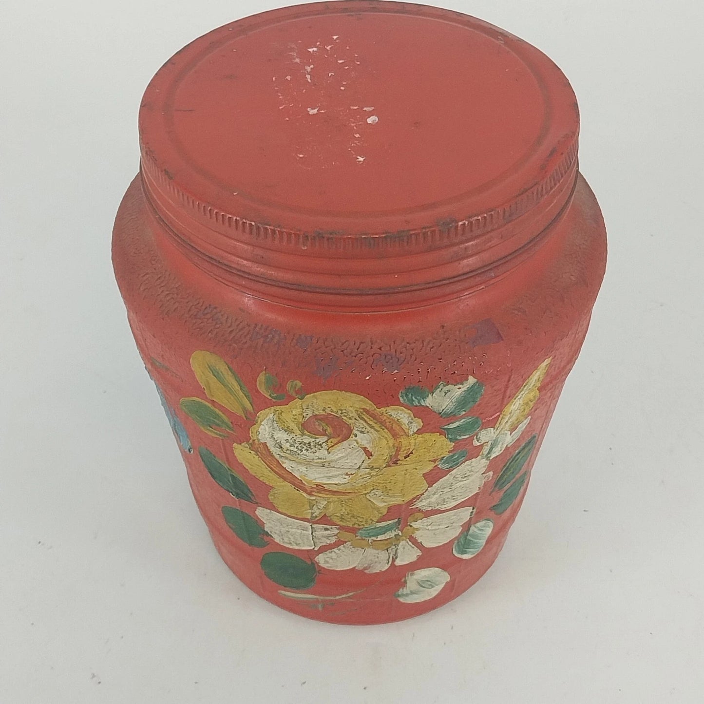 Ransburg Hand Painted Floral Cookie Cracker Jar Glass Metal Lid Folk Art