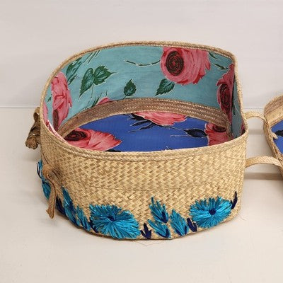 Woven Raffia Hat Box Suitcase Train case Blue Floral Travel 16" Boho Vintage