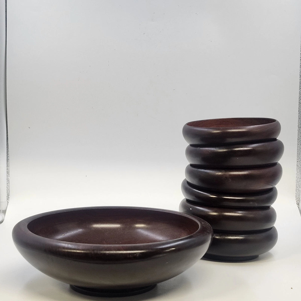Haitian Wooden Salad Bowl Set 6 Pc Small & 1 Pc Large Serving Dish 9.75" 1970s