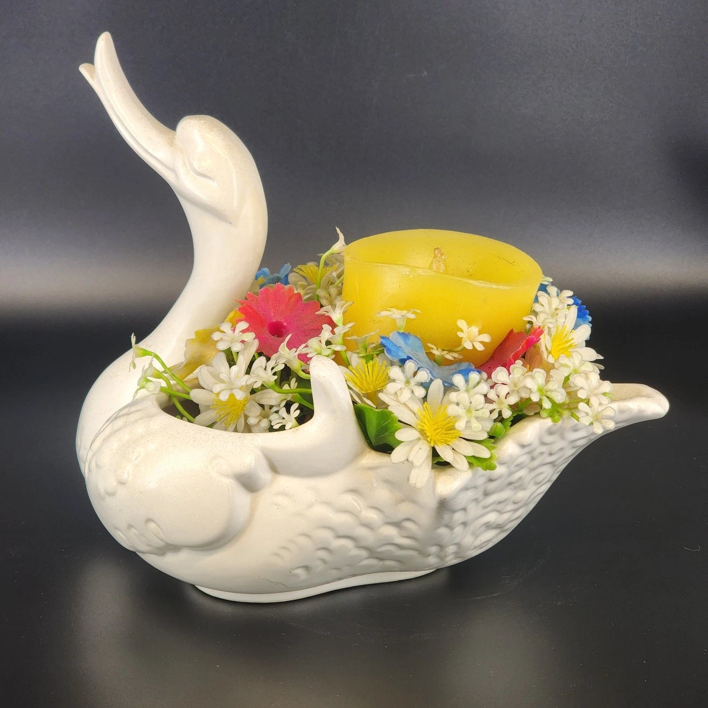 Hull Pottery Happy Duck Planter Floral 23 Matte White Swan Figurine Large USA