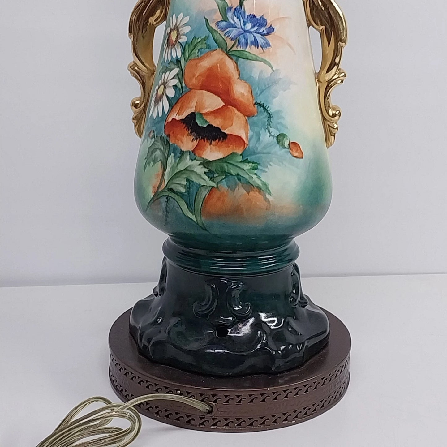 Hand Painted Urn Table Lamp Floral Pansy Gold Trim 30 Inch Vintage