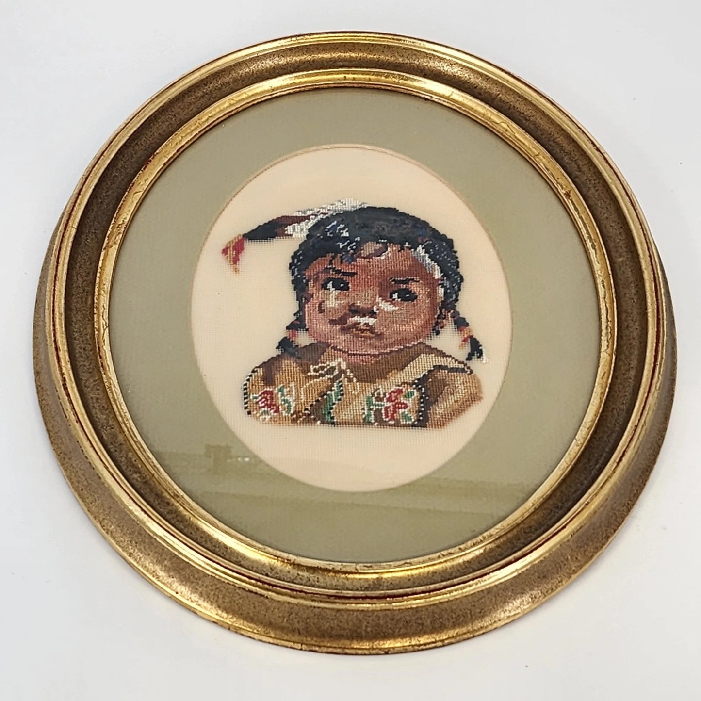 1982 Framed Needlepoint Native American Girl Portrait Oval Wood Art