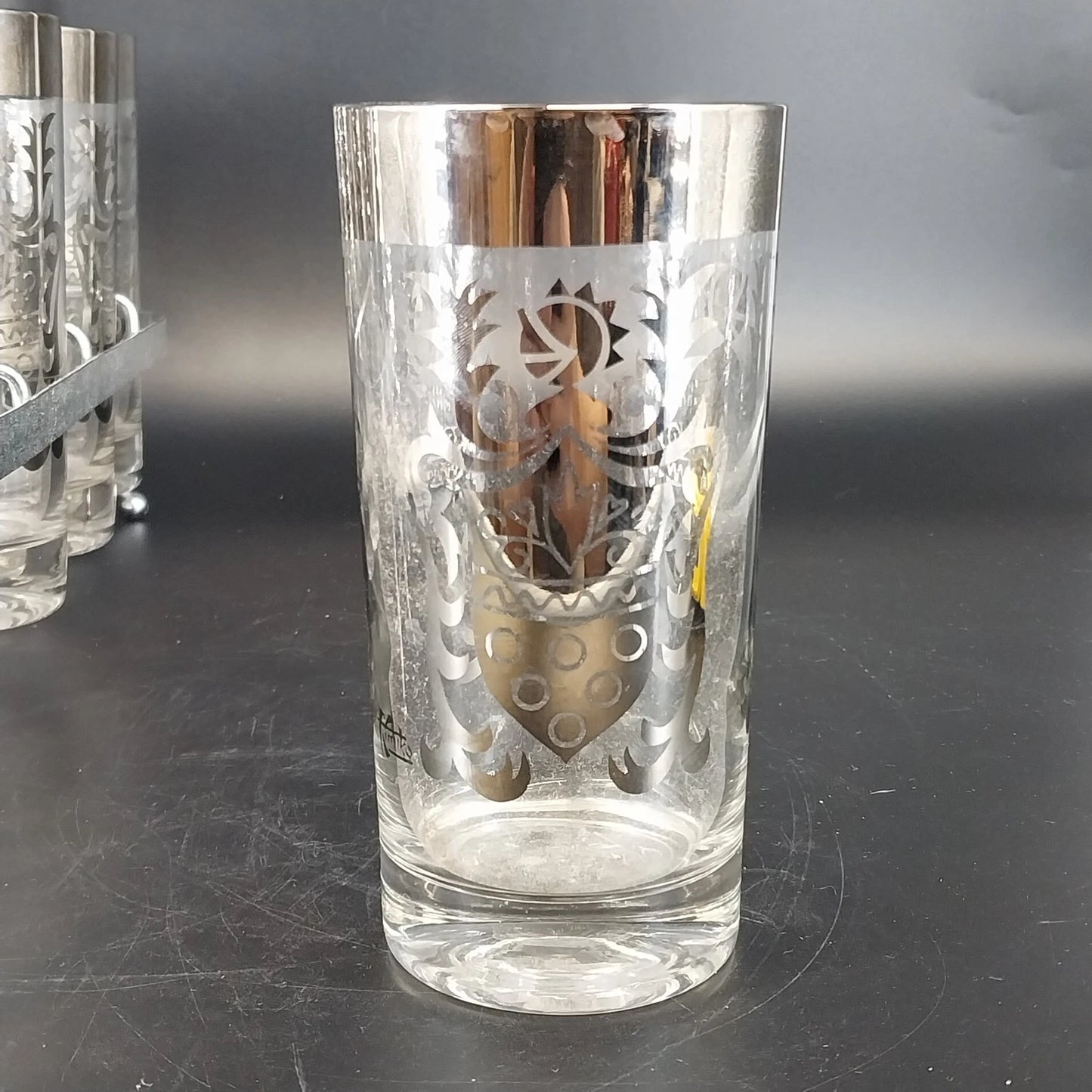 Kimiko Silver Knight Shield Highball Glasses 5.5" Set of 8 Metal Carrier MCM Vtg