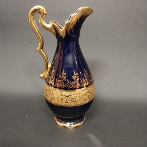 Porcelaine Pitcher Imperia Limoges Decor Or Veritable Cobalt Blue 22K Gold 7.25"