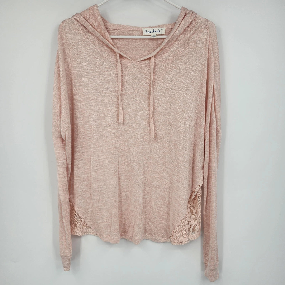 Cloud Chaser Women's Large Peach Pink Lightweight Hoodie Lace Trim Semi Sheer