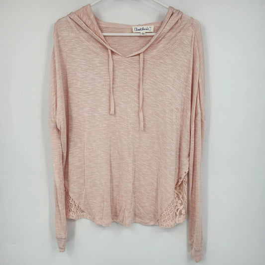 Cloud Chaser Women's Large Peach Pink Lightweight Hoodie Lace Trim Semi Sheer