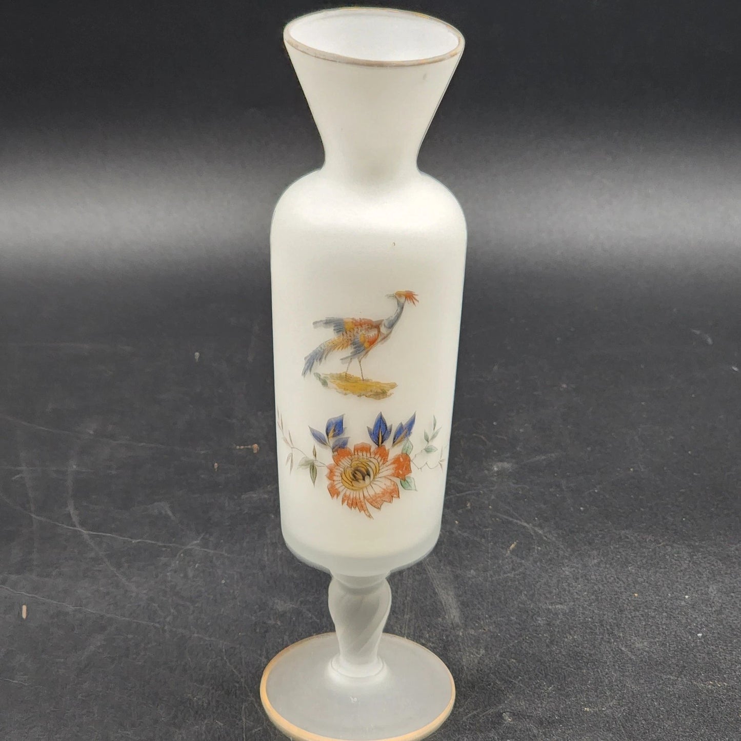 Norleans Vase 10" Hand Painted Bird & Floral Frosted Satin Art Glass w Gold Trim