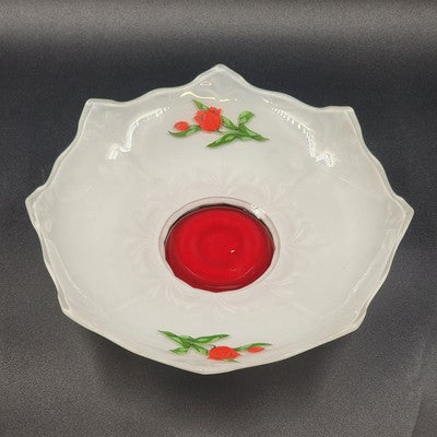 Indiana Glass White Footed Bowl Red Tulips Ruffled Edge Vintage
