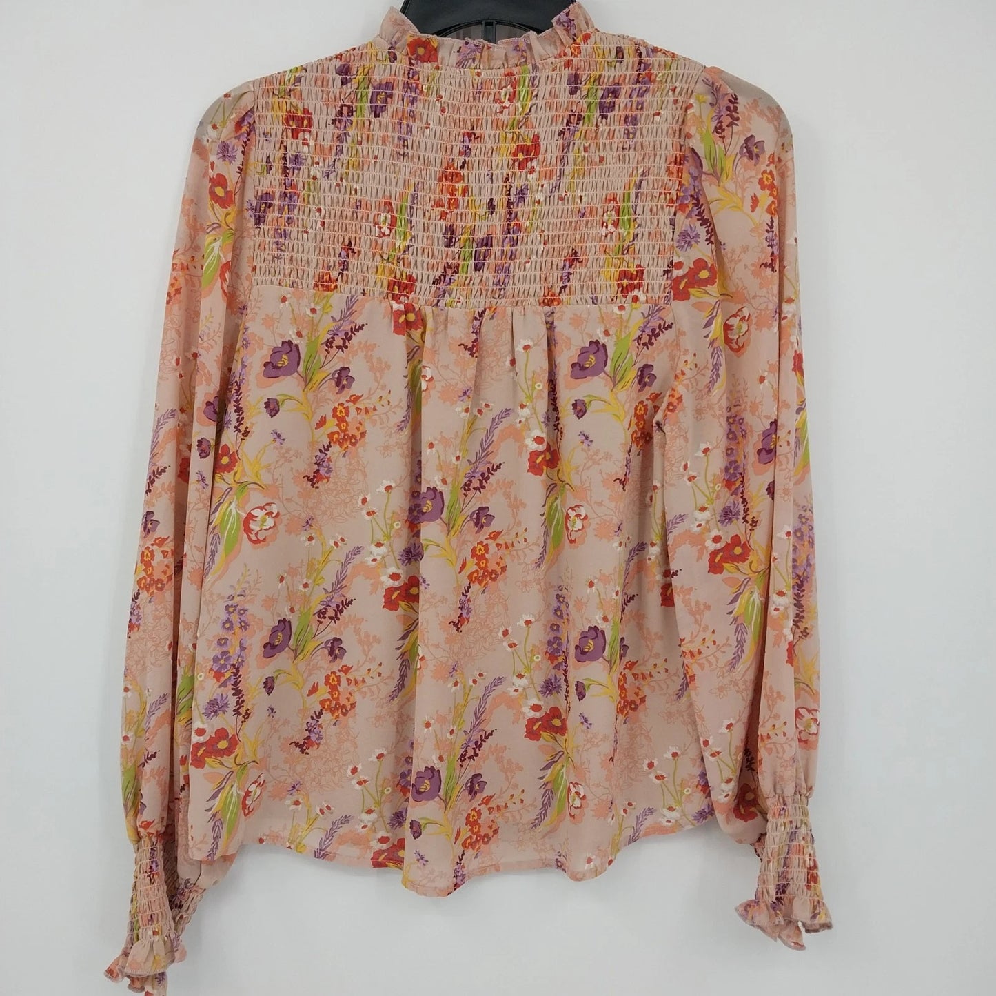 Ophelia Roe Floral Smocked Peasant Blouse Peach Long Sleeve Women's Small