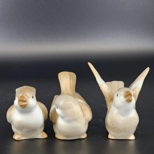 Otagiri Japan Porcelain Bird Figurines Set of 3 Brown Sparrows Glossy Vintage