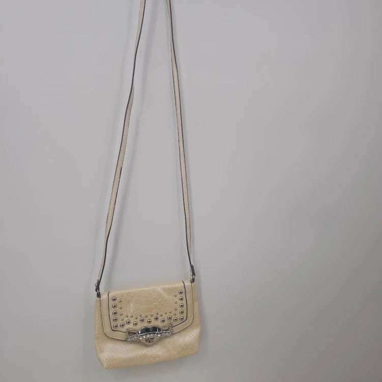 Kathy Van Zeeland Beige Croc Crossbody Bag Studded Rhinestone Heart Clasp Vtg