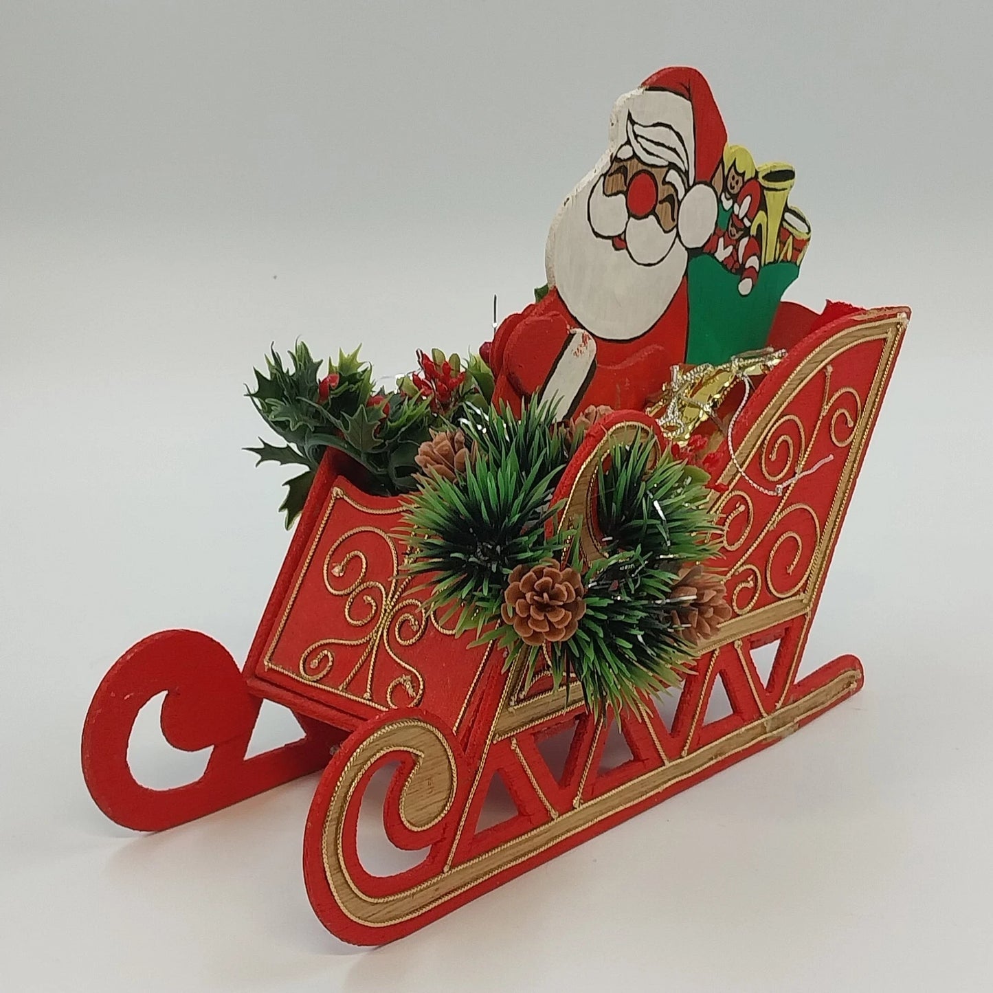 Santa Claus Wood Sleigh Card Holder Candy Bowl Pinecone Christmas 9" Centerpiece