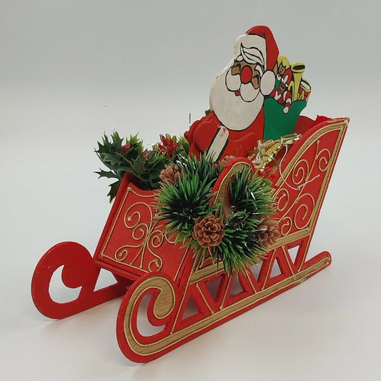 Santa Claus Wood Sleigh Card Holder Candy Bowl Pinecone Christmas 9" Centerpiece