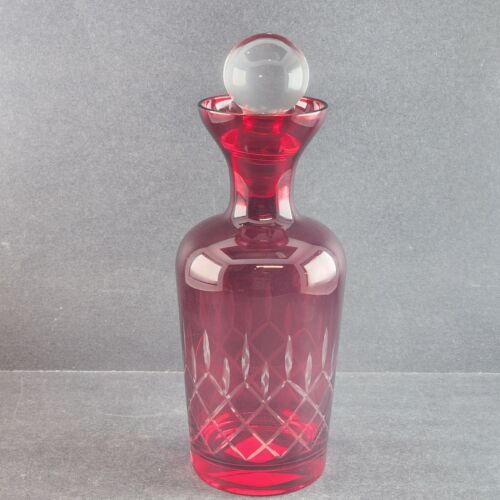 Garnet Red Cut to Clear Bohemian Glass Decanter Clear Stopper & 6 Rock Glasses