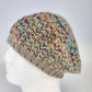 Hand Knitted Tan Beret Hat Rainbow Accent Slouchy Cap