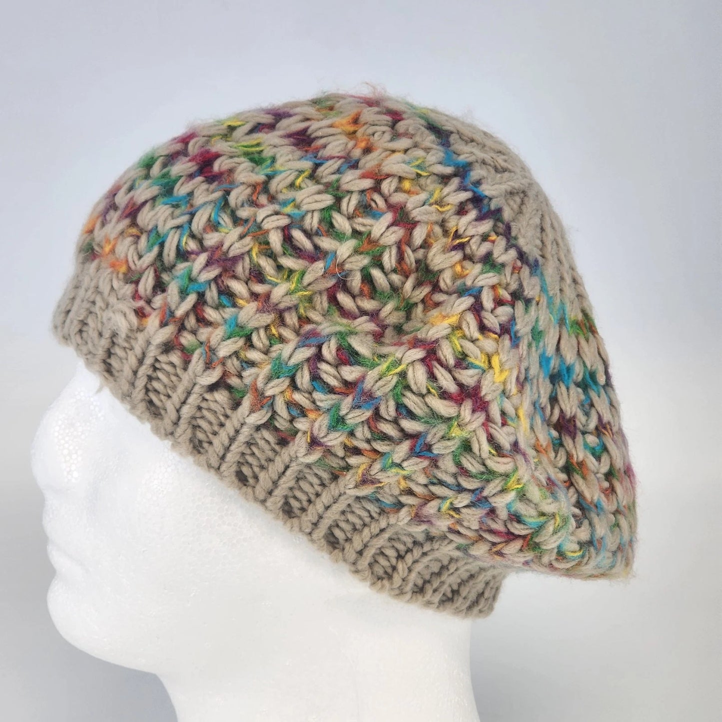 Hand Knitted Tan Beret Hat Rainbow Accent Slouchy Cap