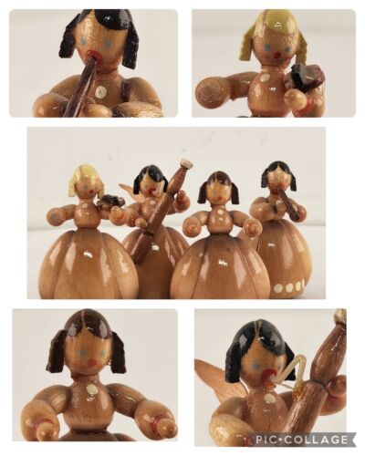 4 Erzgebirge Müller Kleinkunst Angel Wood Musicians Handmade East Germany 1¾"T