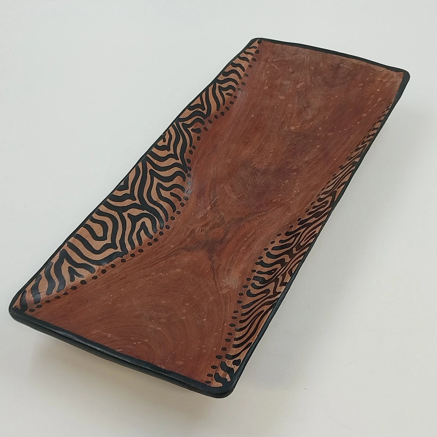 South African Hand Carved Wood Serving Bowl Tray Painted Zebra Pattern 15" x 6"