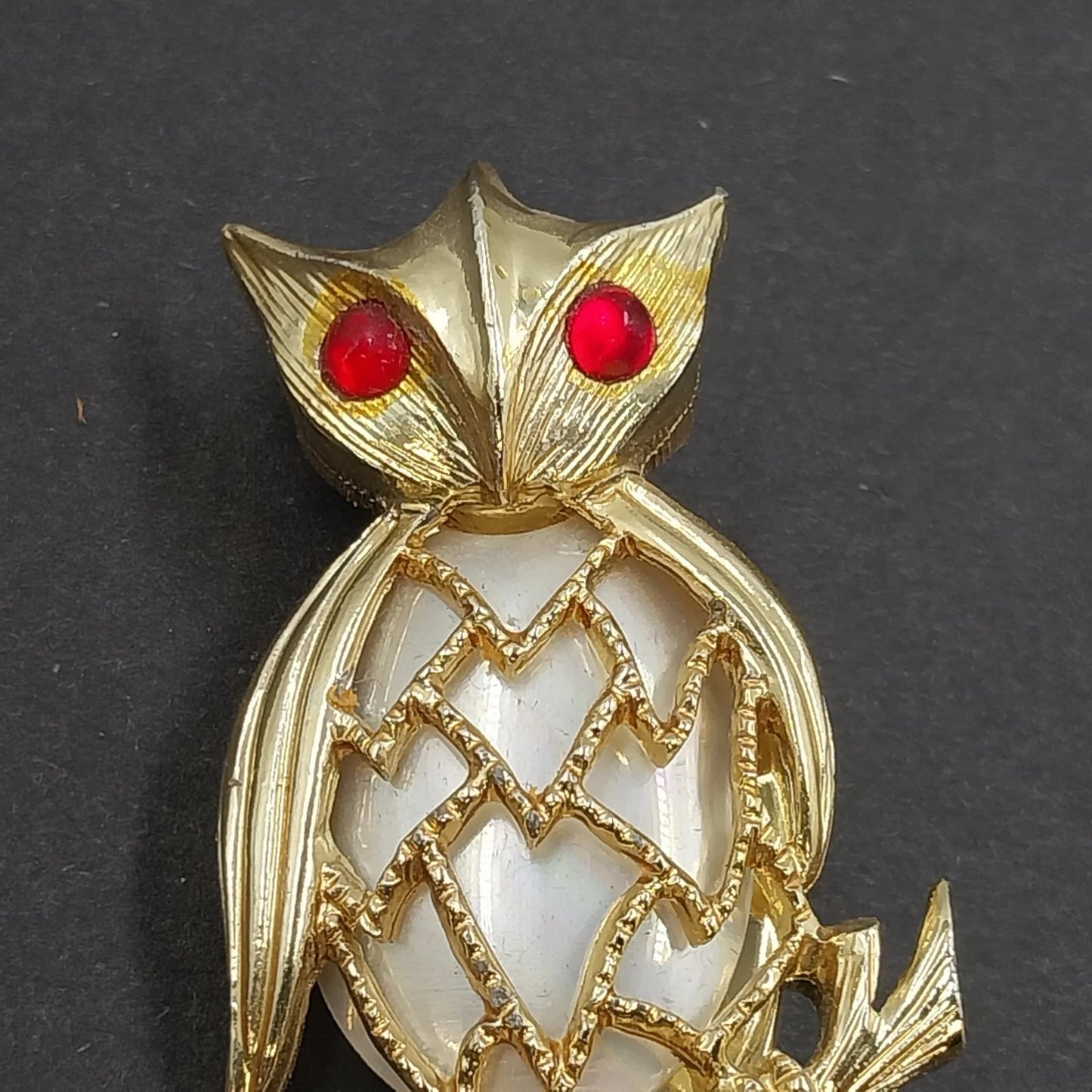 Gold Tone Owl Brooch White Faux Cabochon Body Red Rhinestone Eyes Branch Vintage
