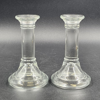 2 Heavy Clear Glass Candlestick Holders Pillar Round Height Choice Poland Vtg