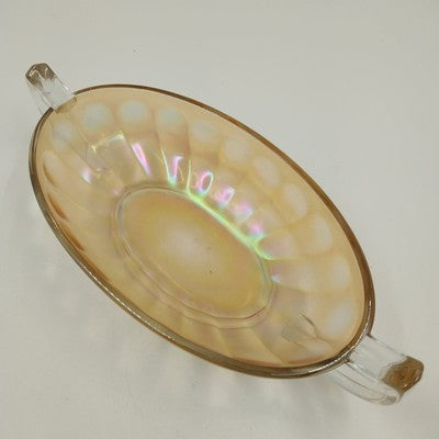 Jeannette Carnival Glass Iridescent Marigold Bowl Twin Clear Handle Large 10.5"