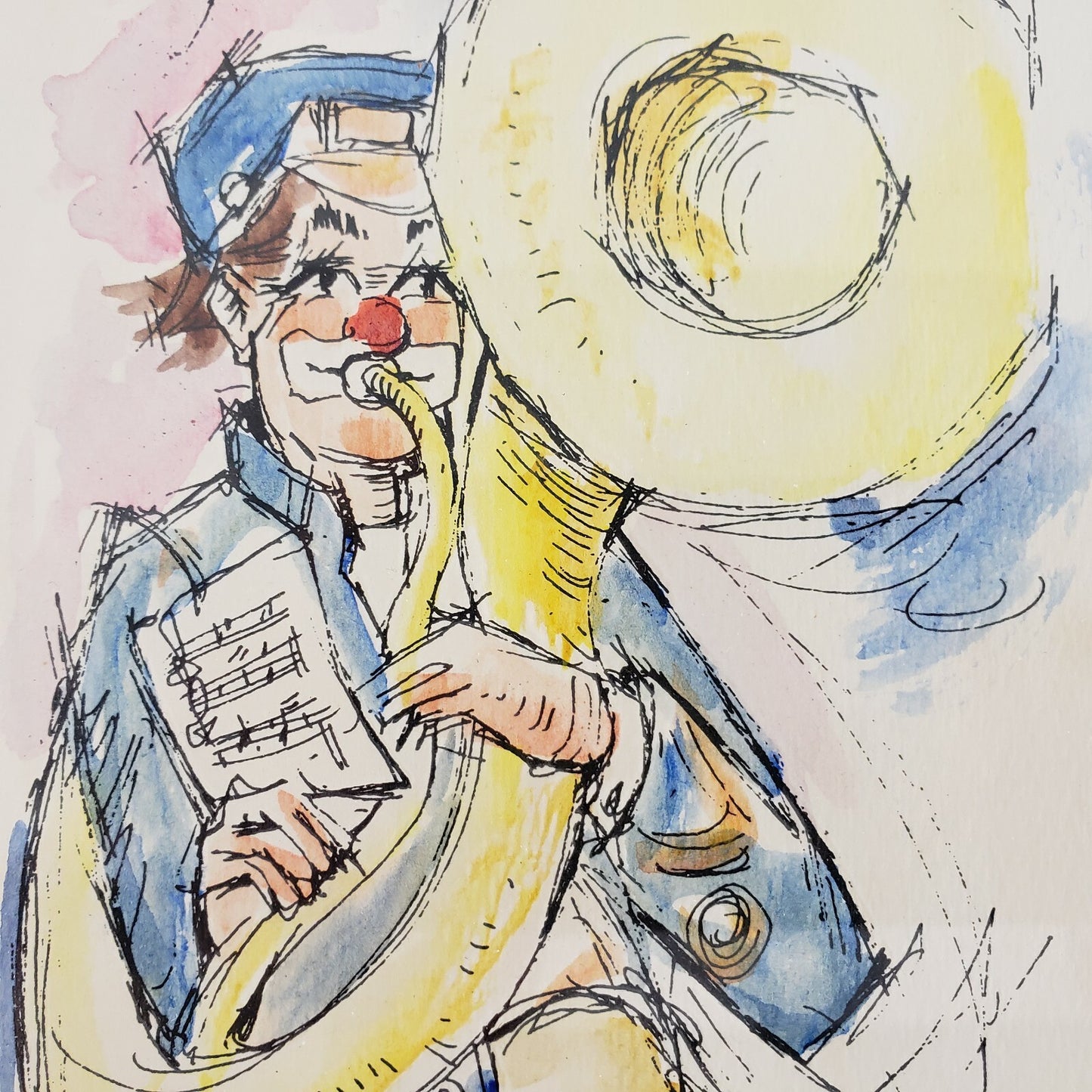 Framed Print Sketch of Clown Playing Big Horn Blue Watercolor Tony Oswald Signed
