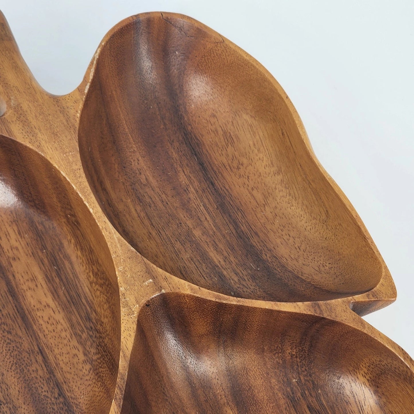 Hand Carved Natural Wooden Leaf Serving Tray 3-Section Divided Dish 16" Large