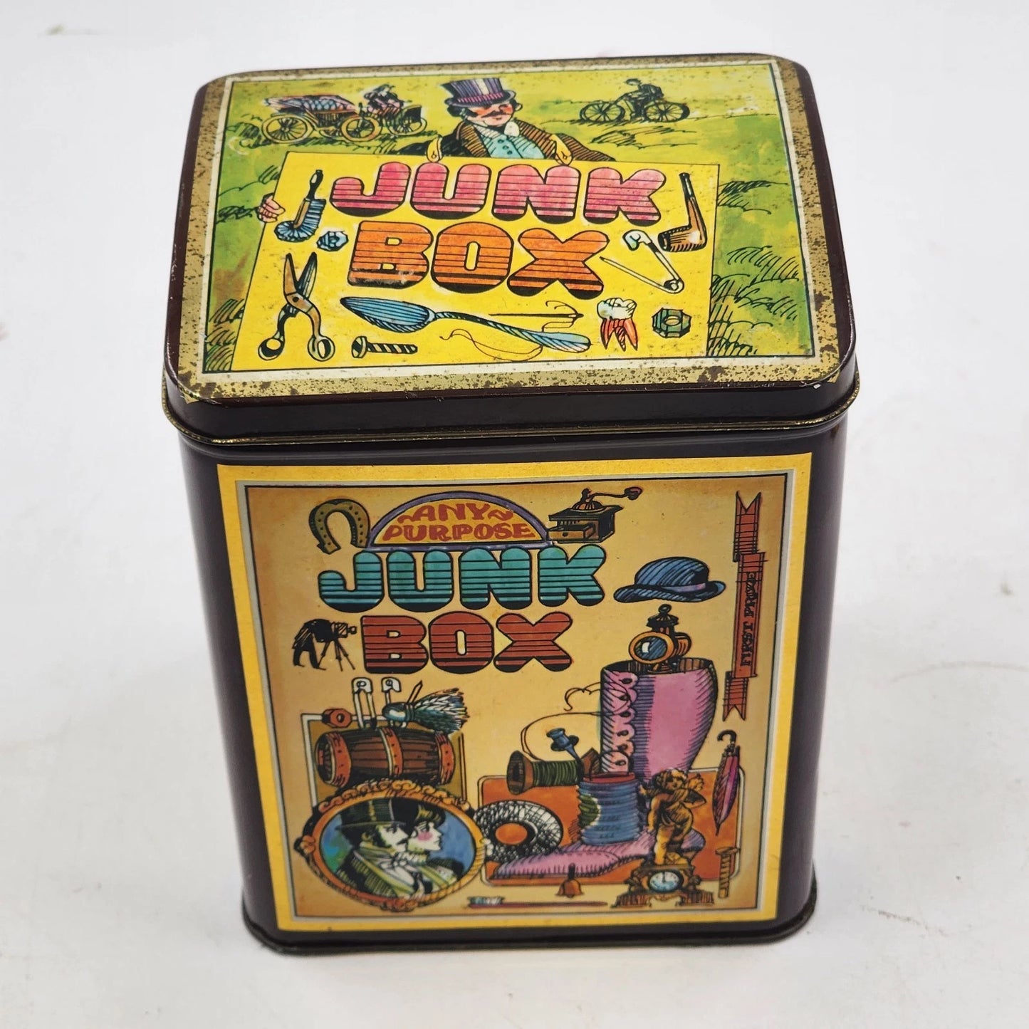 Collectible Tin Junk Box Hinged Lid Any Purpose 6.25" England by Case 1982 Vtg