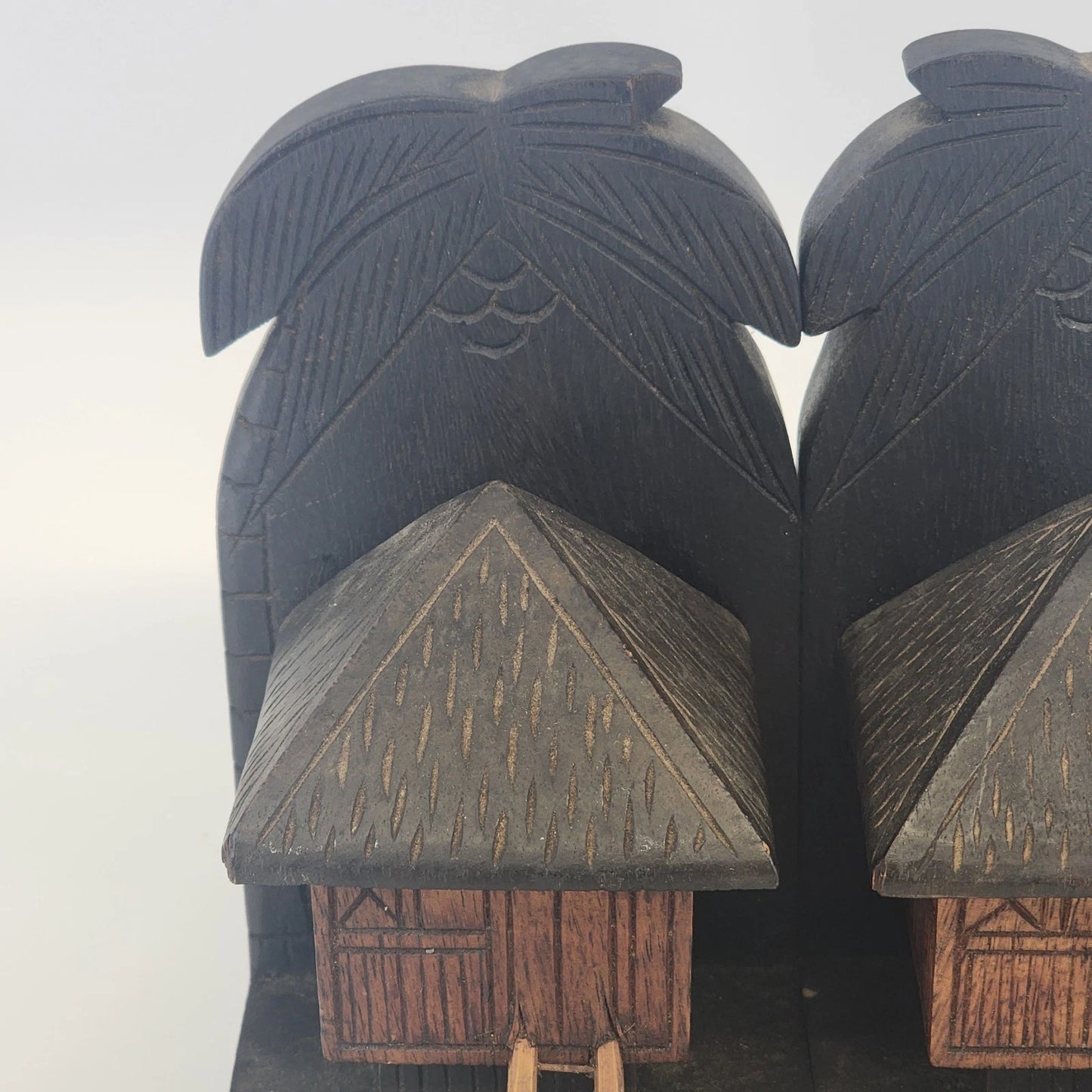 Hand Carved Tiki Hut Bookends Wood Polynesian Filipino Bahay Kubo Decor 8"x5"x4"