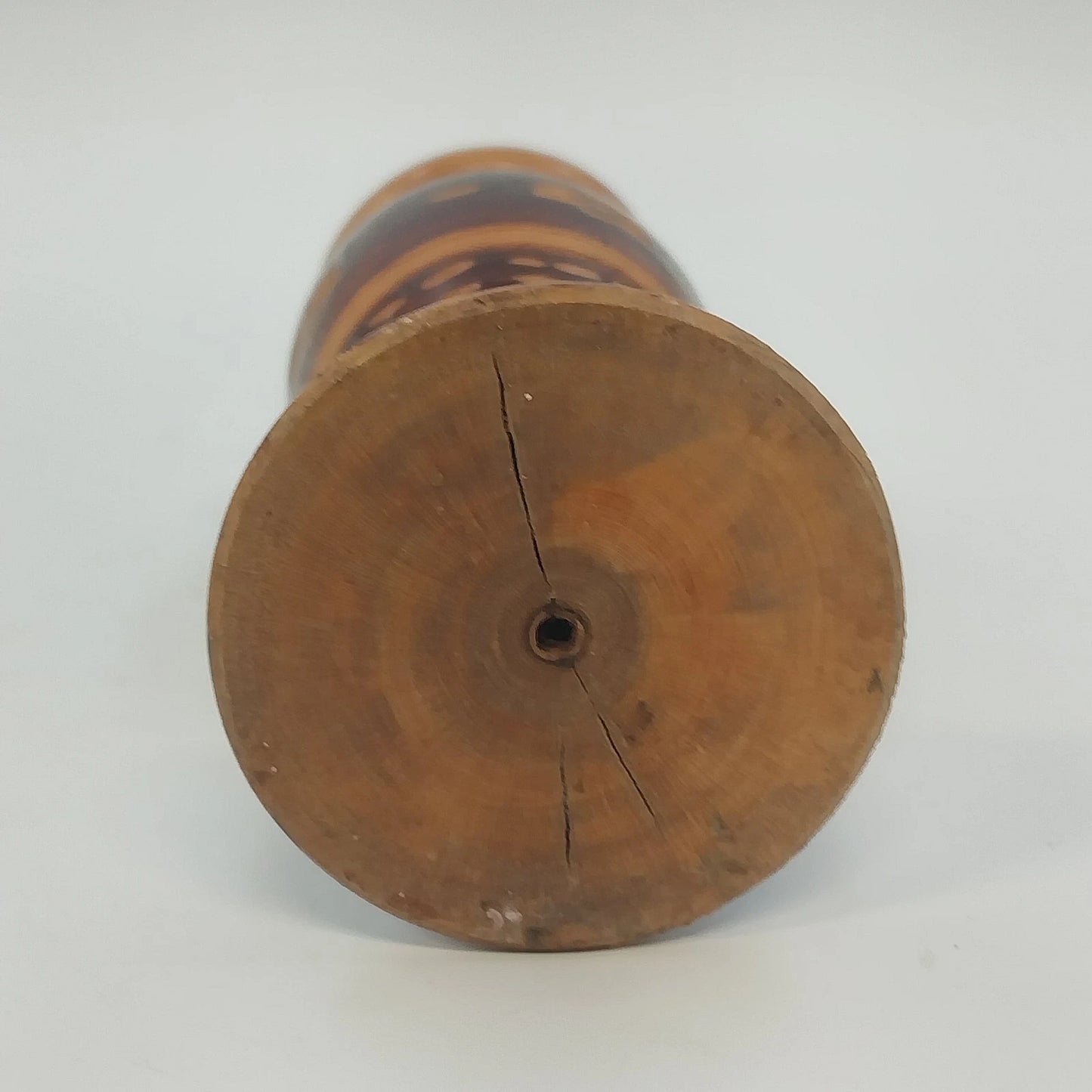 Hand Crafted Wooden Bud Vase Brown Carved Detailed Inlay Folk Art 6.9" Vintage