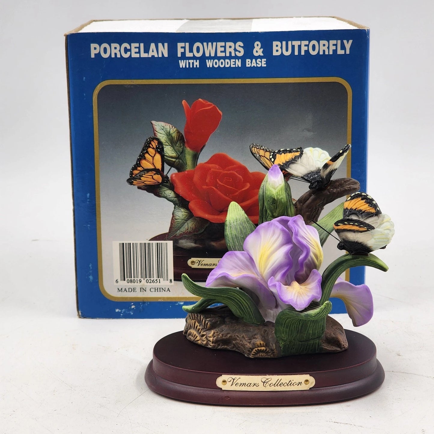 Vemar Collection Porcelain Figurine Purple Iris Red Rose 2 Butterflies Wood Base