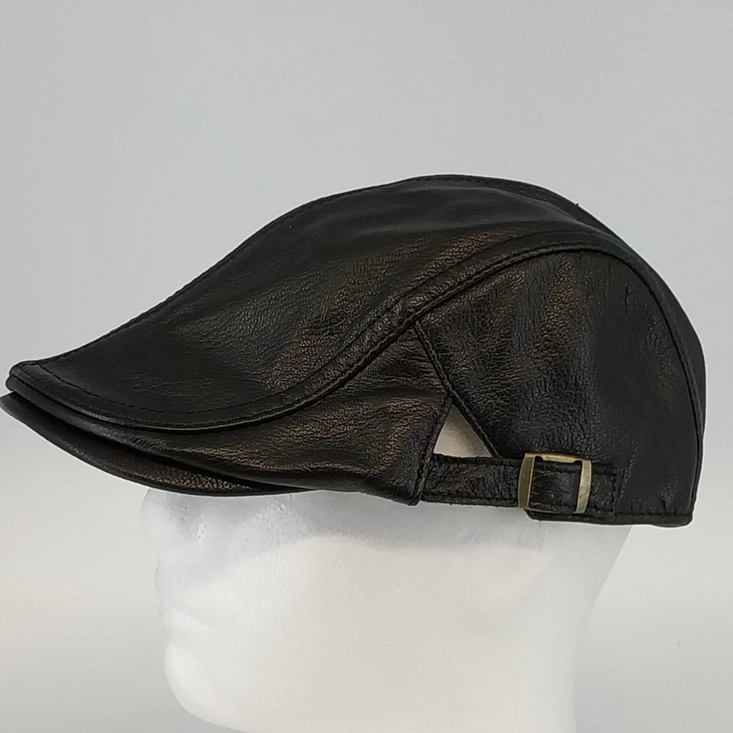 Men's Sheepskin Leather Newsboy Cap Black Ivy Flat Hat XL Adjustable Side Buckle